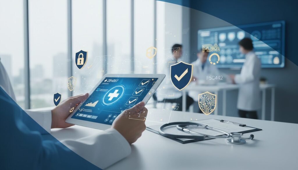 Modern medical training scene with tablet, compliance checkmarks, AI holograms, and soft-lit facility.