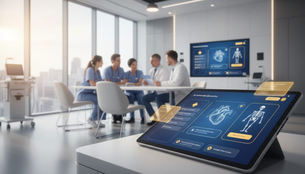 Modern medical workspace with AI patient education on tablet, diverse professionals collaborating.