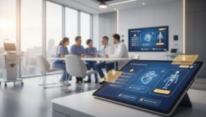 Modern medical workspace with AI patient education on tablet, diverse professionals collaborating.