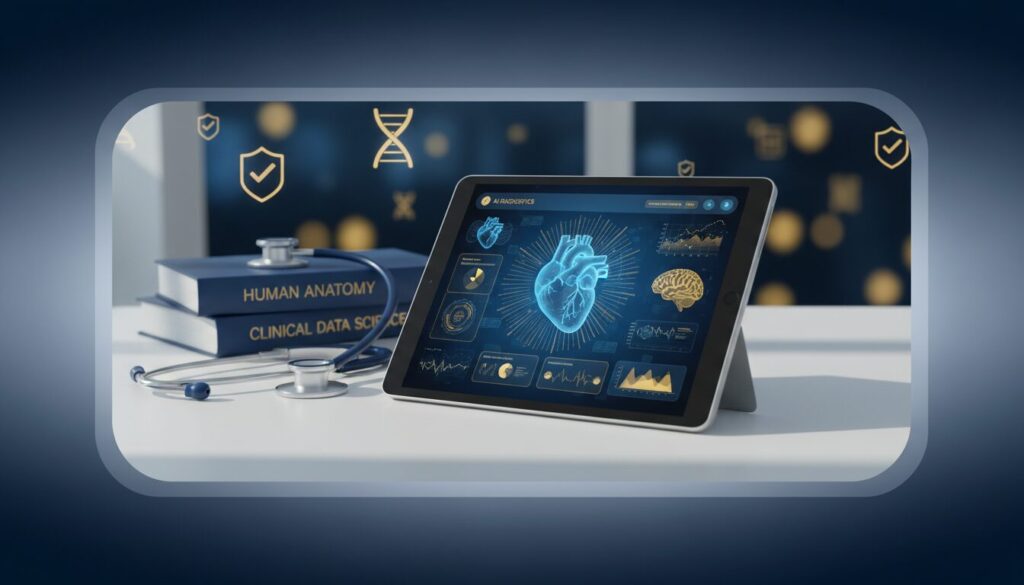 Modern medical workspace with tablet displaying diagnostic interface, surrounded by stethoscope, books, and holographic icons.