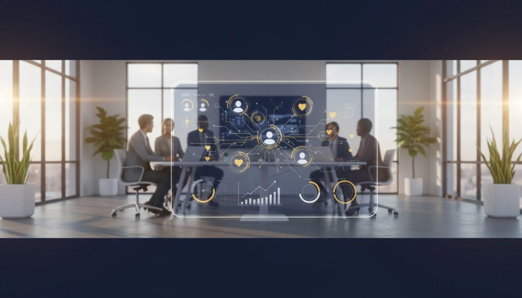 Modern nonprofit office with holographic AI display, diverse team collaborating, golden hour lighting.