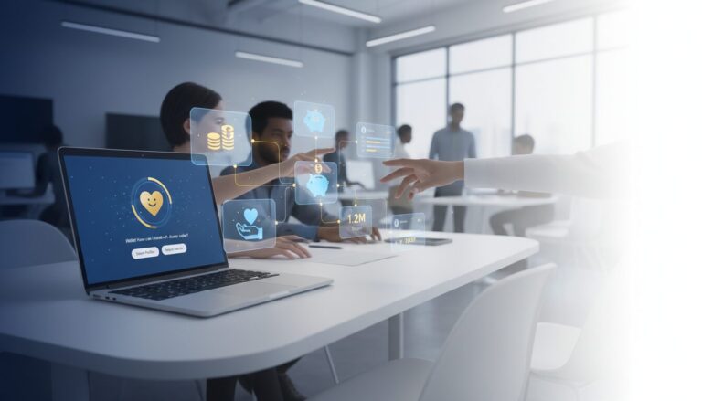 Modern nonprofit workspace with AI chatbot on laptop, diverse hands arranging digital nodes, soft-focus office background.