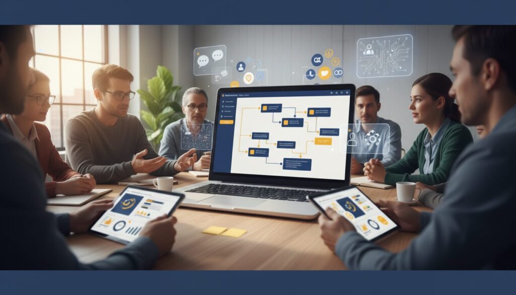 Modern nonprofit workspace with diverse team, central laptop displaying AI interface, warm lighting.