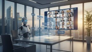 Modern office with AI recruitment tech, holographic chat in Asian languages, diverse professionals in video call.