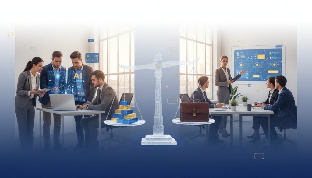 Modern office with diverse professionals, AI interfaces, and balance scale symbolizing training decisions.