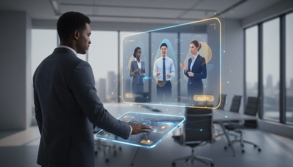 Modern office with holographic AI avatars, leader interacts on touchscreen, blue-gold lighting.