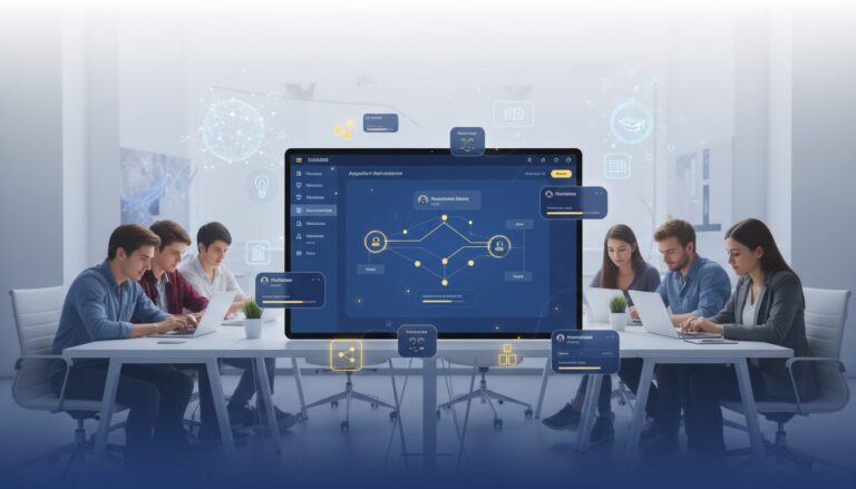 Modern quiz builder interface with adaptive elements, diverse students using devices, holographic AI icons.
