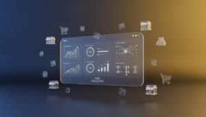 Modern retail analytics dashboard with holographic interface, demand graphs, and 3D shopping icons.