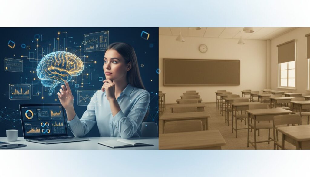 Modern student views holographic brain network, split with traditional classroom, AI elements overlay.