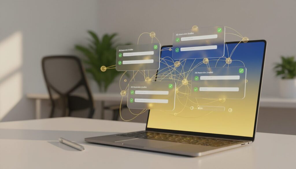 Modern tablet with AI quiz interface, 3D cards, neural nodes, deep blue and golden hues.