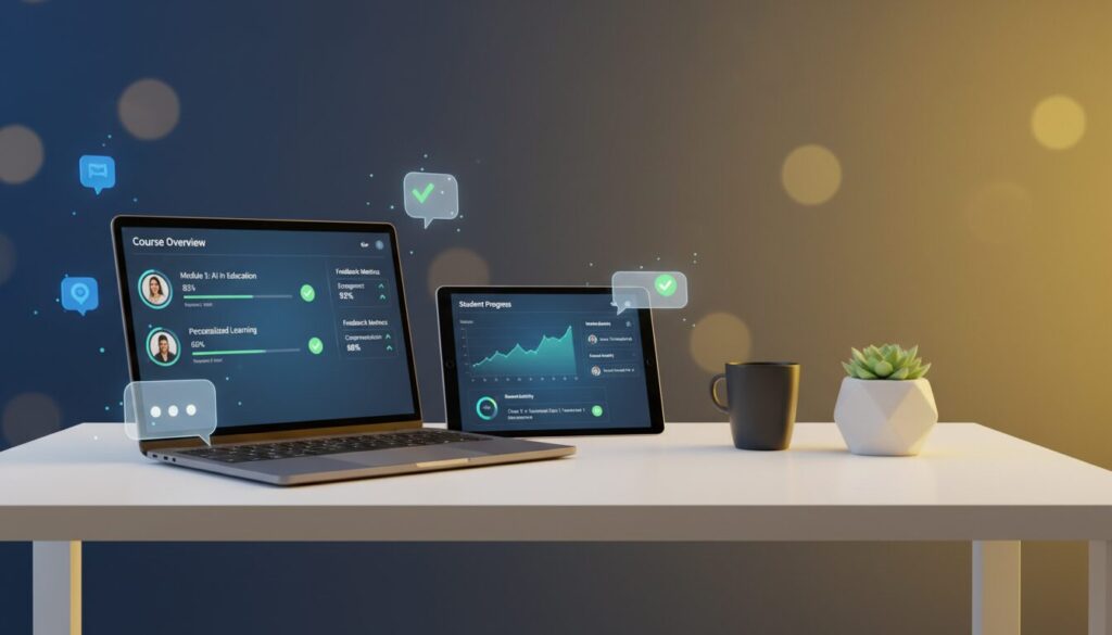Modern tech workspace with laptop, tablet displaying course dashboards, ambient lighting, AI UI elements, potted plant, coffee cup.