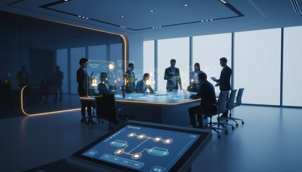Modern training room with diverse professionals engaged with holographic AI elements, blue and gold lighting.