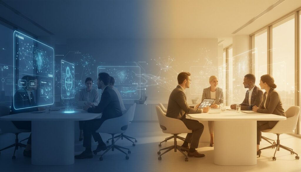 Modern workspace blending tech and human interaction; professionals collaborate under warm light.