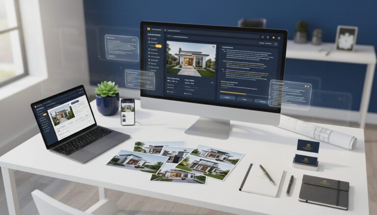 Modern workspace with computer showing AI property listing, luxury home photos, and real estate app.