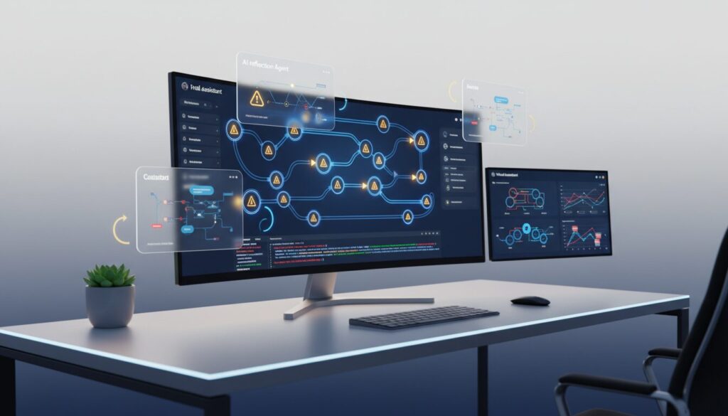 Modern workspace with curved monitor displaying AI workflow and chatbot interface, sleek desk setup.
