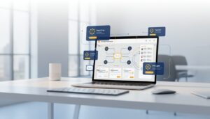 Modern workspace with HubSpot email automation on laptop, holographic interface elements, sleek design.