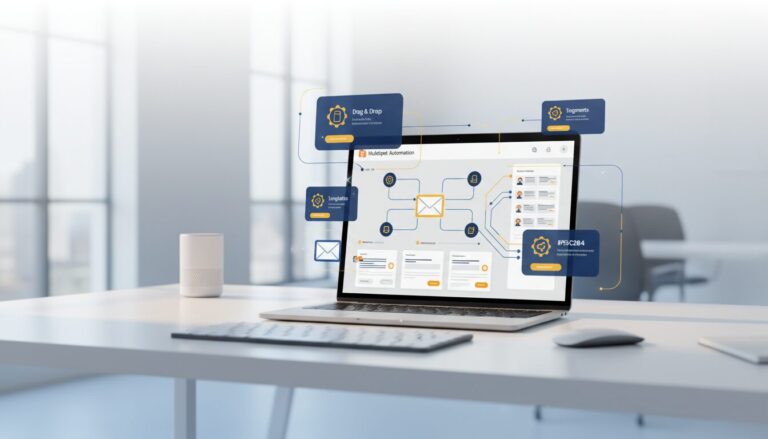 Modern workspace with HubSpot email automation on laptop, holographic interface elements, sleek design.