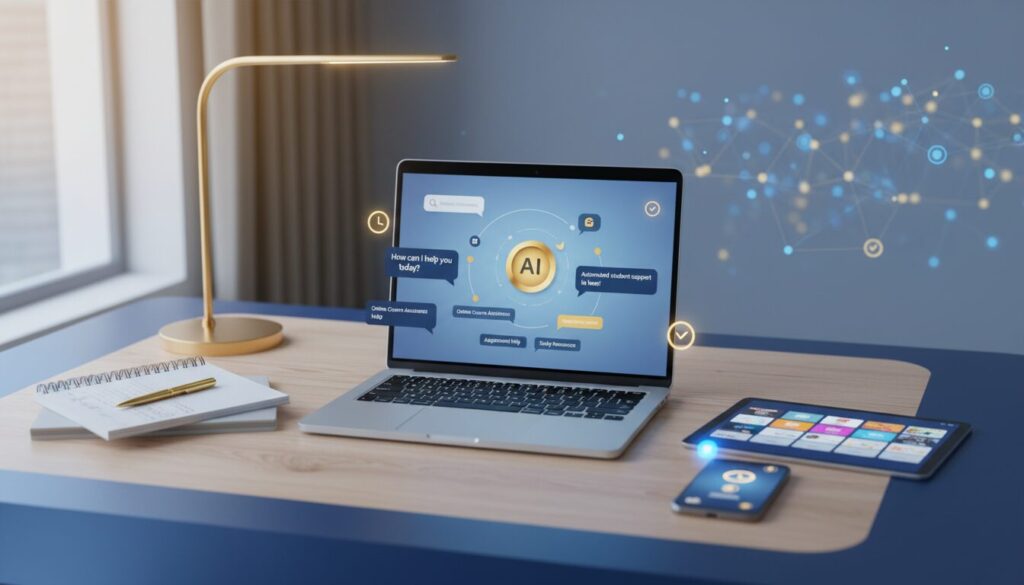 Modern workspace with laptop AI chat interface, educational tools, and warm lighting.