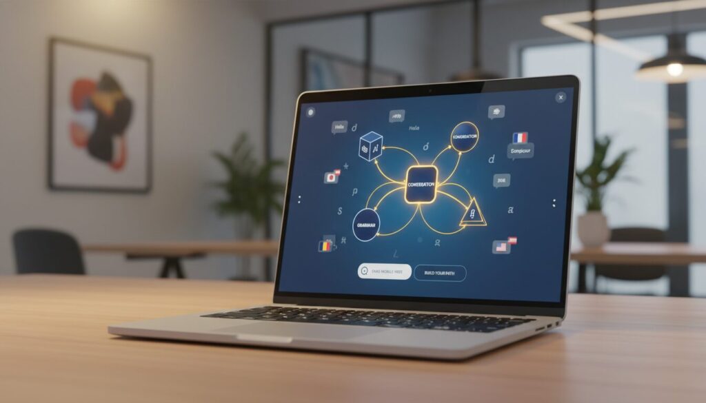 Modern workspace with laptop displaying AI language interface, interconnected nodes, and multilingual elements.