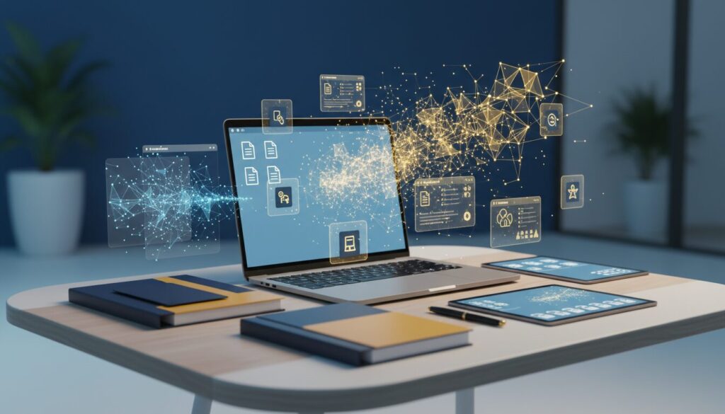 Modern workspace with laptop displaying AI visuals, surrounded by binders, tablets, and holographic UI.