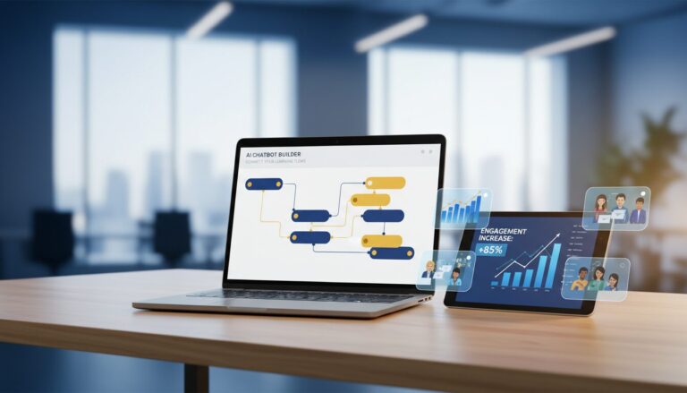 Modern workspace with laptop showing AI chatbot builder, desk with tablet displaying growth metrics, elegant office setting.