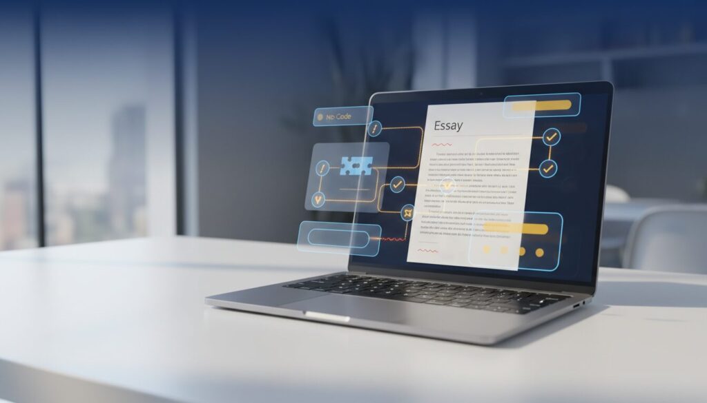 Modern workspace with laptop showing essay, holographic AI interface, blue and gold tones.