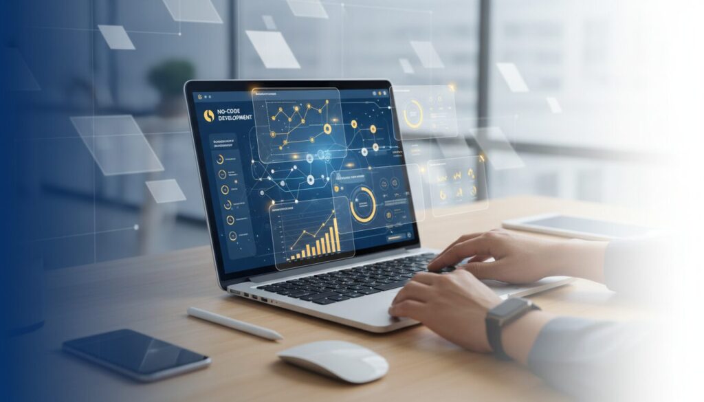 Modern workspace with laptop showing no-code interface, diverse hands, holographic UI panels.