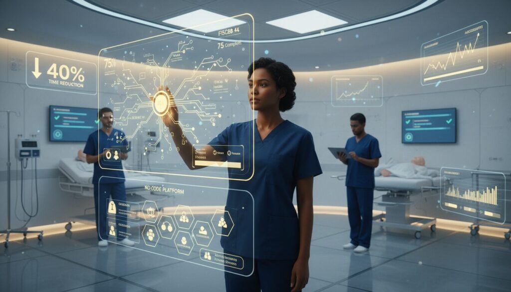 Nurse in scrubs interacts with holographic AI in modern simulation lab.