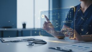 Nursing simulation on sleek tablet in modern training facility with medical elements, deep blue theme.