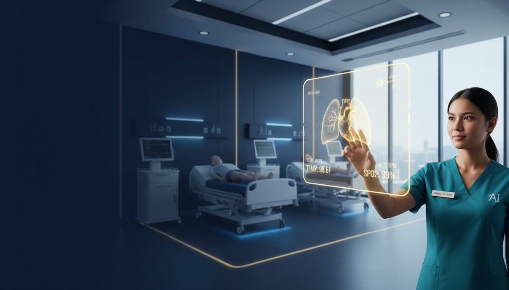 Nursing student with holographic display in modern simulation lab.