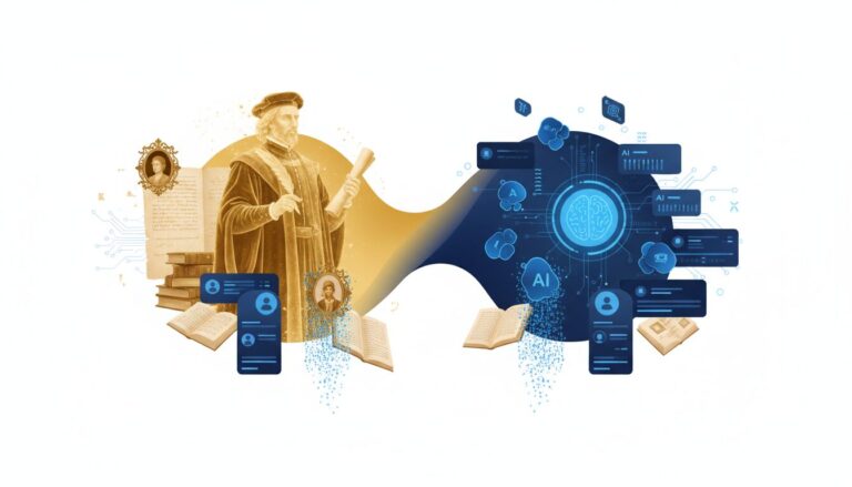 Renaissance scholar with quill blends into modern AI interface; historic meets tech.