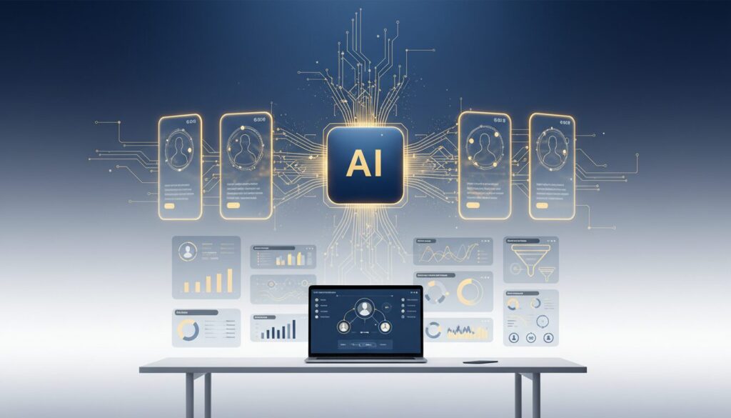 Sleek 3D workspace with holographic persona cards, glowing AI node, and data visualizations.