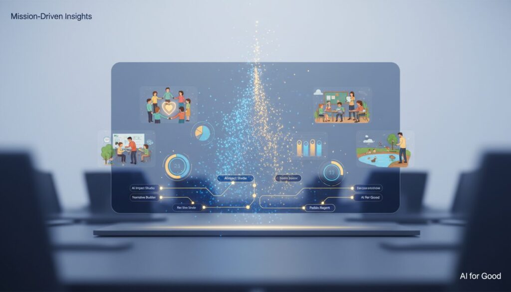 Sleek digital workspace with holographic data, colorful charts, and community impact scenes.