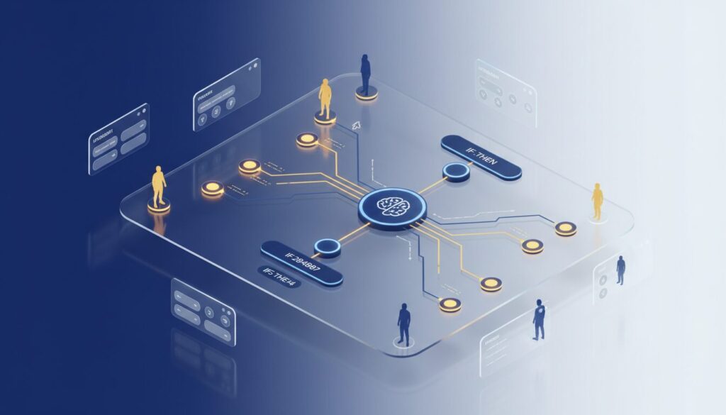Sleek flowchart with glowing blue and yellow nodes on holographic interface, diverse learners at endpoints.