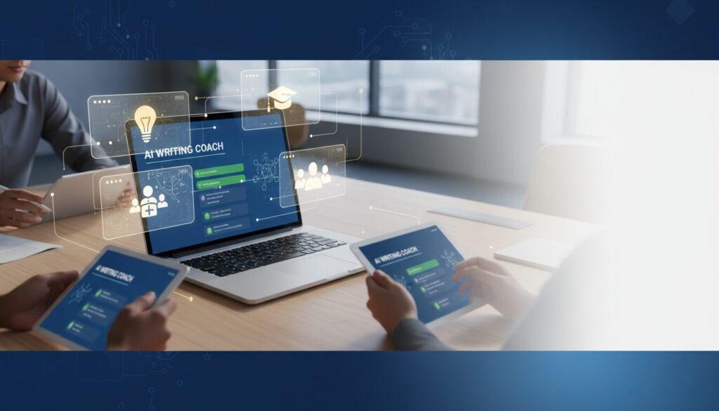 Sleek laptop on desk with AI writing interface, holographic screens, diverse students collaborating.