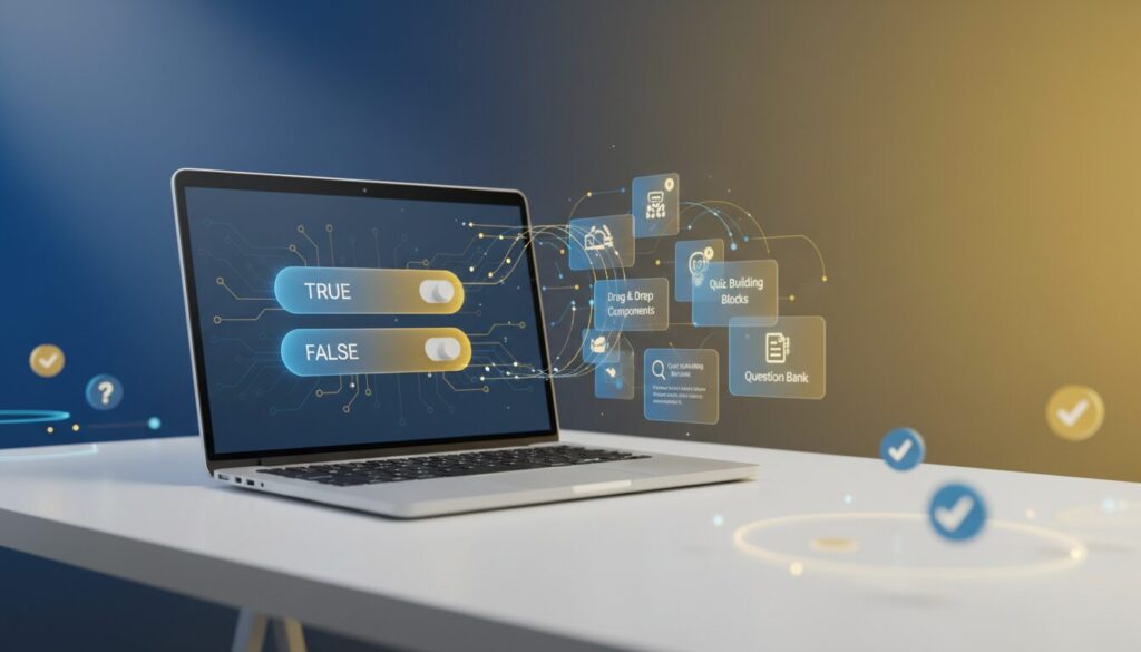 Sleek laptop with AI quiz interface on a modern desk with glowing holographic UI elements.