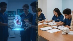 Split-screen of futuristic holographic and traditional medical education settings with diverse students.