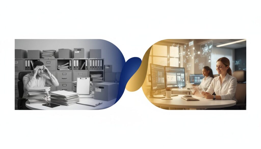 Split-screen of traditional vs. futuristic volunteer training scenes; paper manuals vs. AI interfaces.