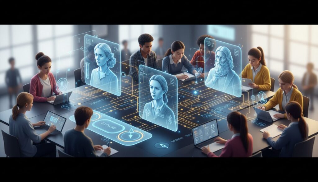 Students in a futuristic classroom interact with holographic historical figures in a glowing network.
