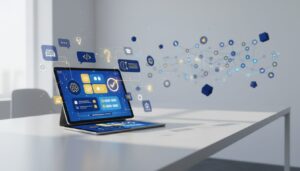 Tablet with AI educational interface, holographic UI, blue and gold scheme, modern workspace.