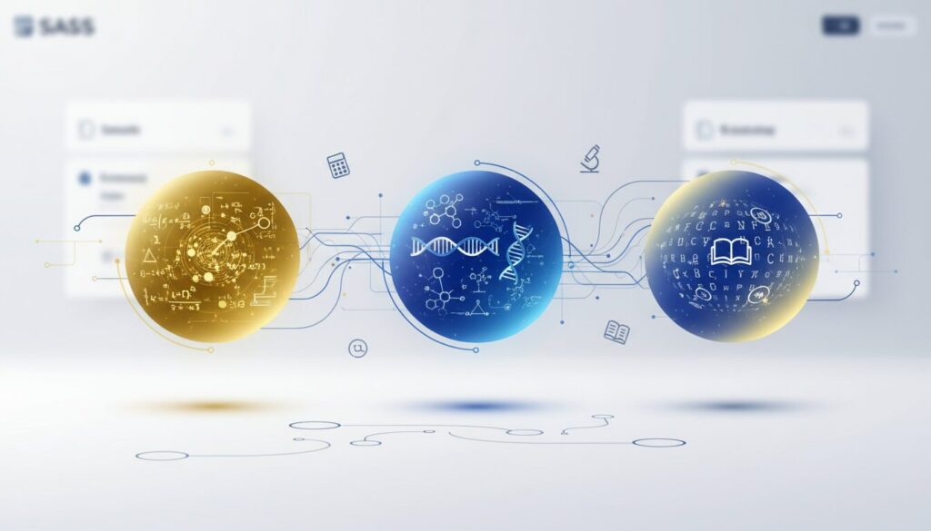 Three glowing AI nodes in workspace: math, science, language themes; tech-forward design.