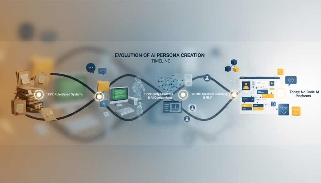Timeline of AI persona creation with vintage to modern tech elements, glowing nodes, and isometric icons.