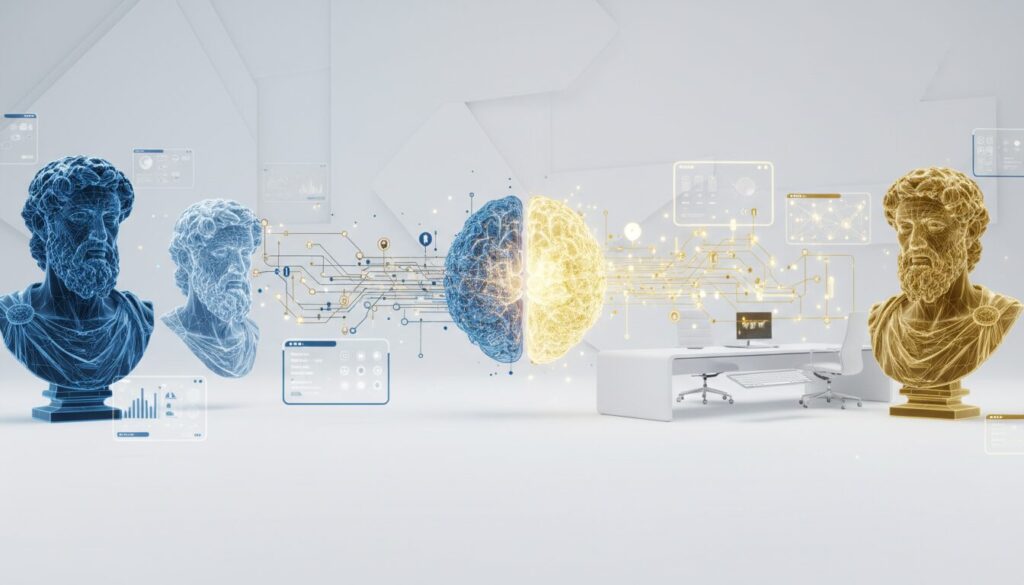 Translucent blue holographic busts of classical thinkers merge with a modern workspace featuring golden AI nodes, centered by a luminous brain network in a minimalist setting.