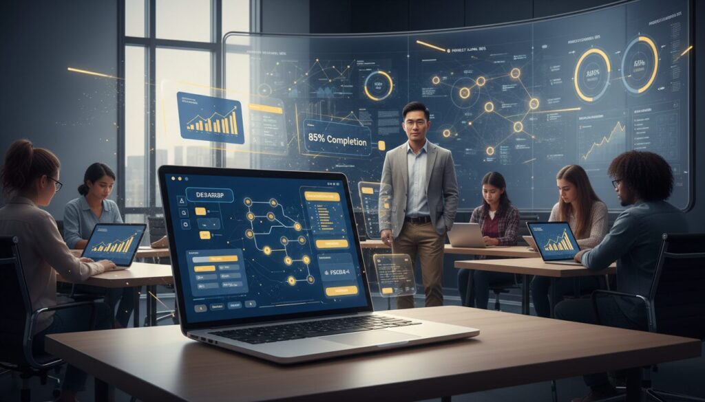 University lecture hall with students using devices, laptop with blue and gold interface, professor by AI display.