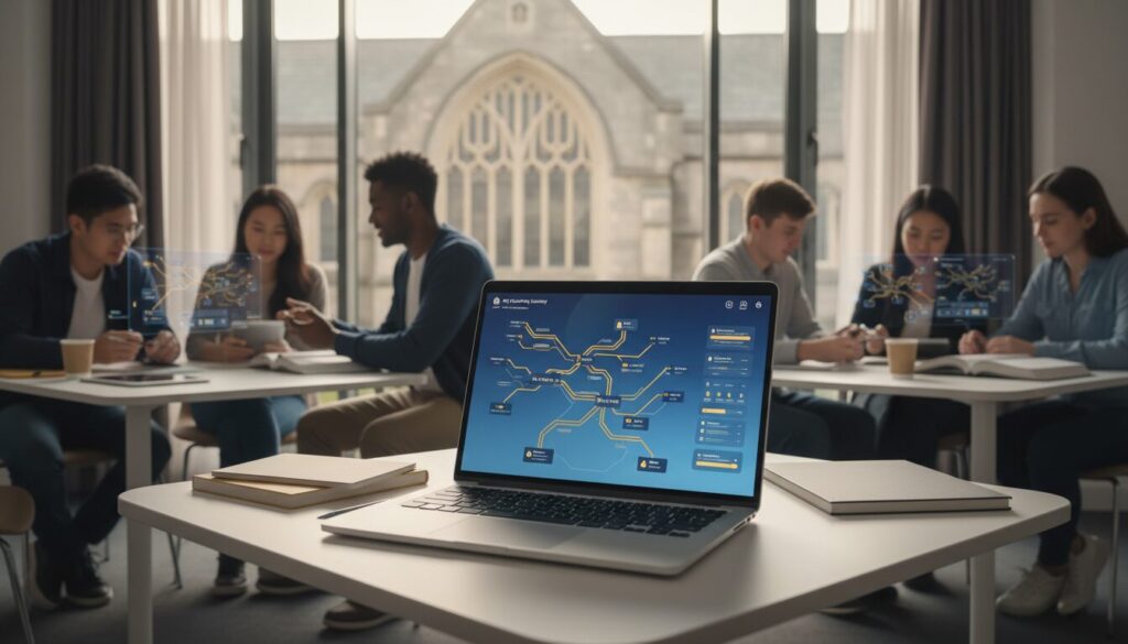 University setting with diverse students, sleek AI dashboard on laptop, Gothic architecture, warm lighting.