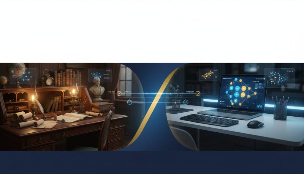 Victorian study and modern workspace split-screen, blending historical and digital elements.