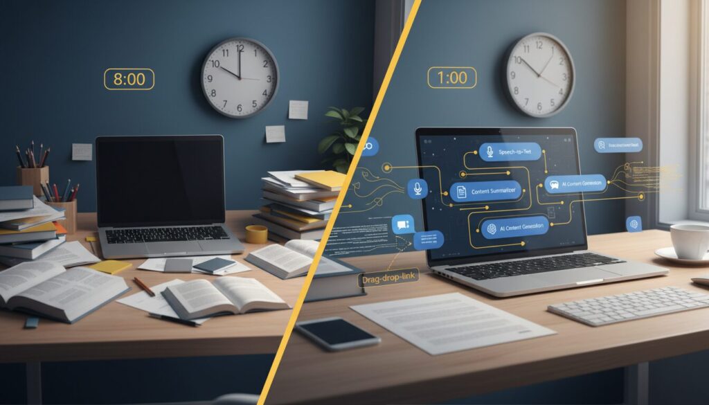 Workspace with laptop showing AI workflow, cluttered desk on left, tidy desk on right, time-saving contrast in modern office.