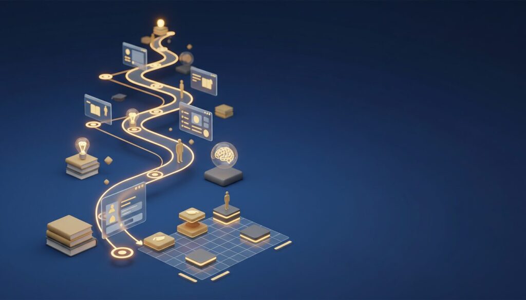 3D digital learning path with books, lightbulbs, UI screens on a blue gradient background.