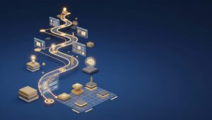 3D digital learning path with books, lightbulbs, UI screens on a blue gradient background.