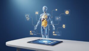 3D holographic human anatomy with highlighted organs on a tablet, surrounded by UI elements in blue and gold.